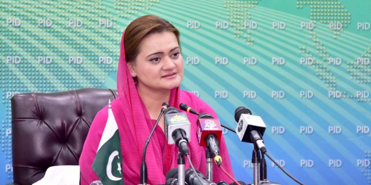 FEDERAL MINISTER FOR INFORMATION AND BROADCASTING, MARRIYUM AURANGZEB ADDRESSING A PRESS CONFERENCE IN ISLAMABAD ON MAY 28, 2022.