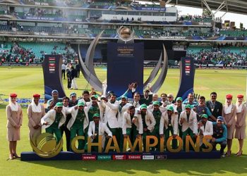 Pakistan lift the trophy after winning the ICC Champions Trophy final at The Oval, London. (Photo by Steven Paston/PA Images via Getty Images)