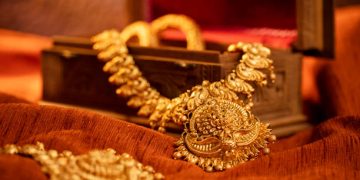 Indian Traditional Gold Necklace shot in studio light.
